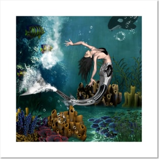 Wonderful steampunk mermaid in the deep ocean Posters and Art